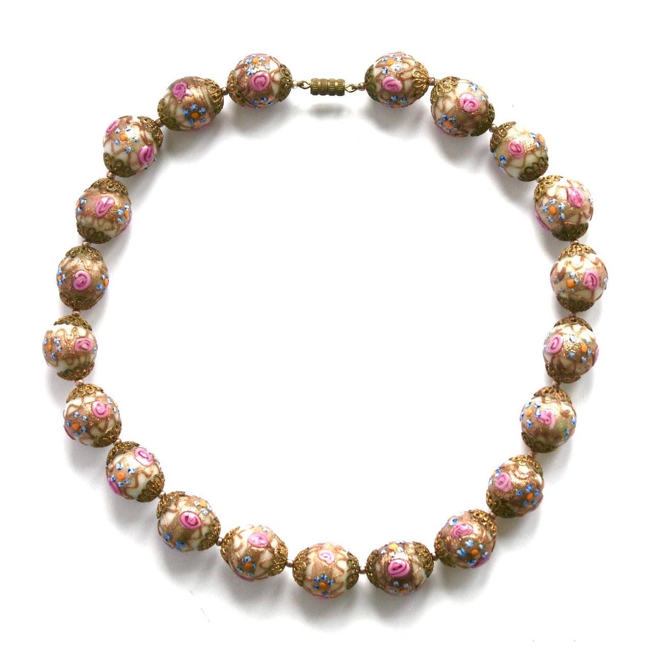 A vintage Venetian glass beads necklace with a combination of pink, beige, blue, and orange colors, and a metallic rose gold finish.