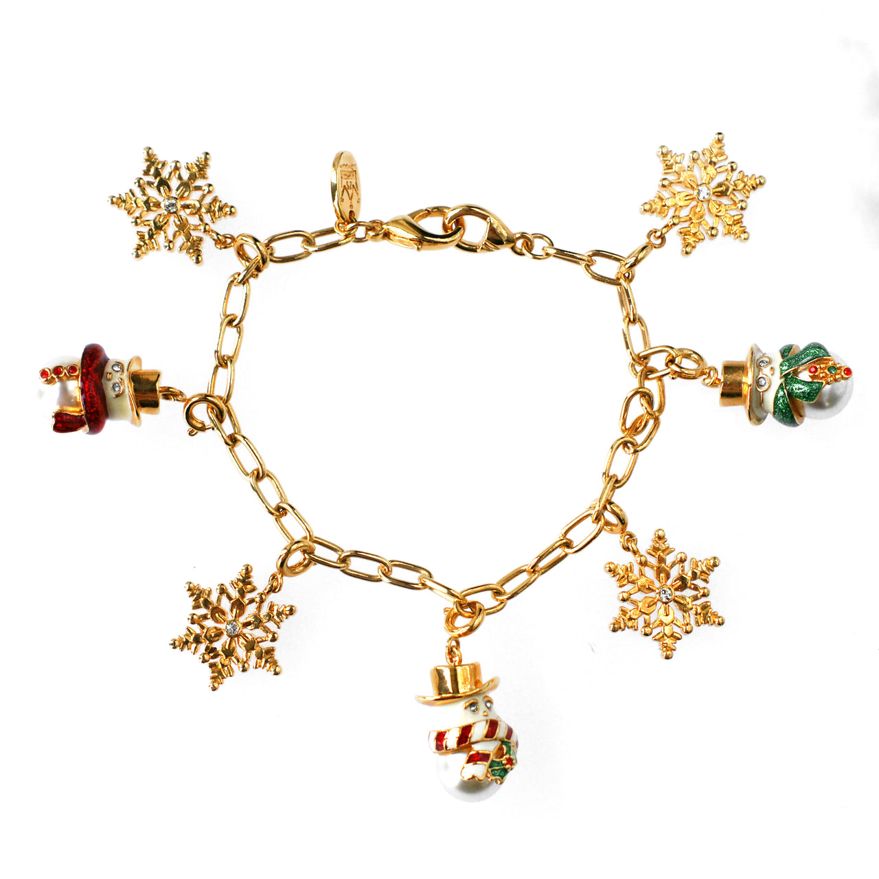 Gold plated vintage charm bracelet with Christmas themed charms including enamel snowmen