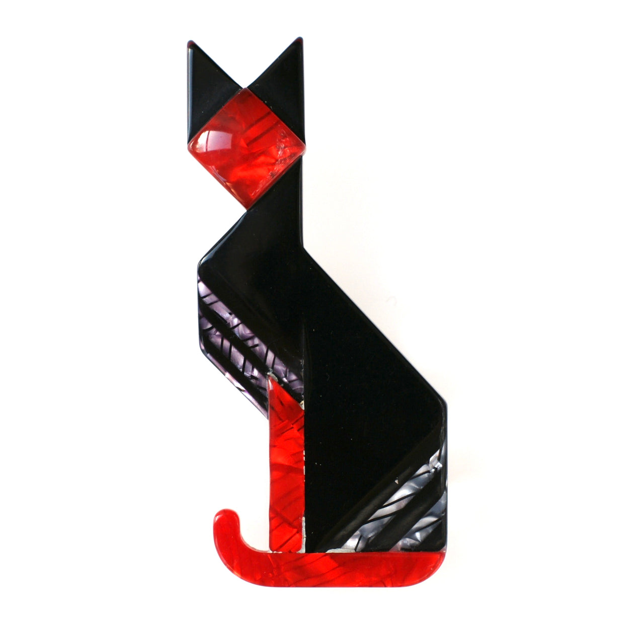 Lea Stein Deco Style Cat Brooch, Black & Red