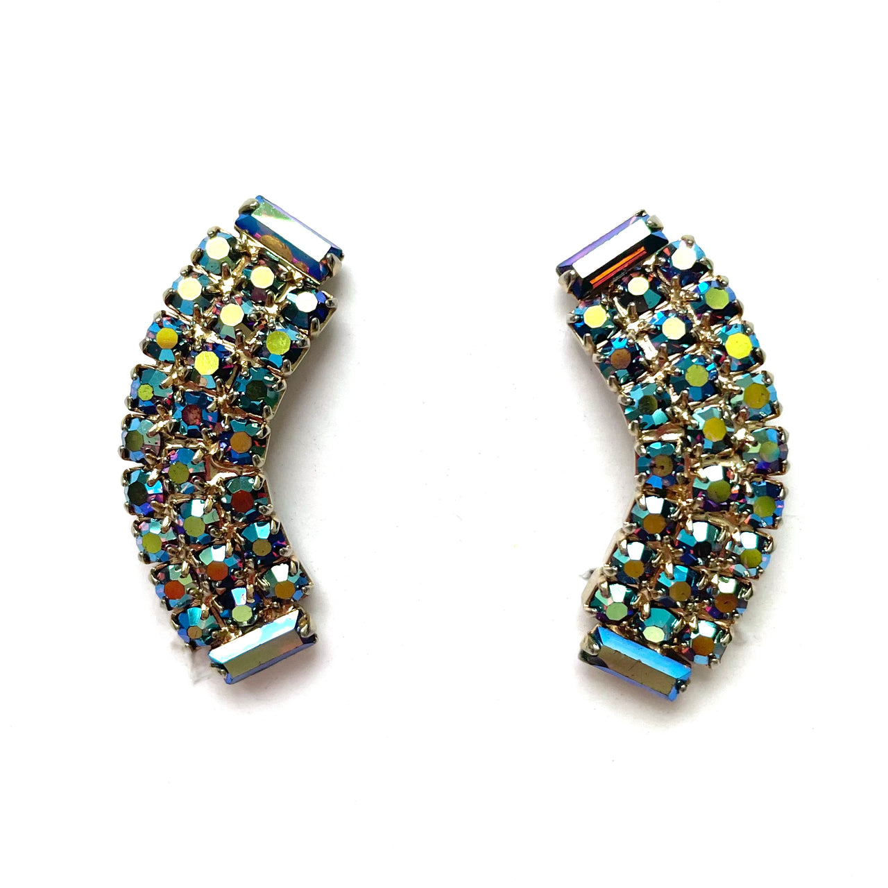 Iridescent blue Clip on Rhinestone earrings