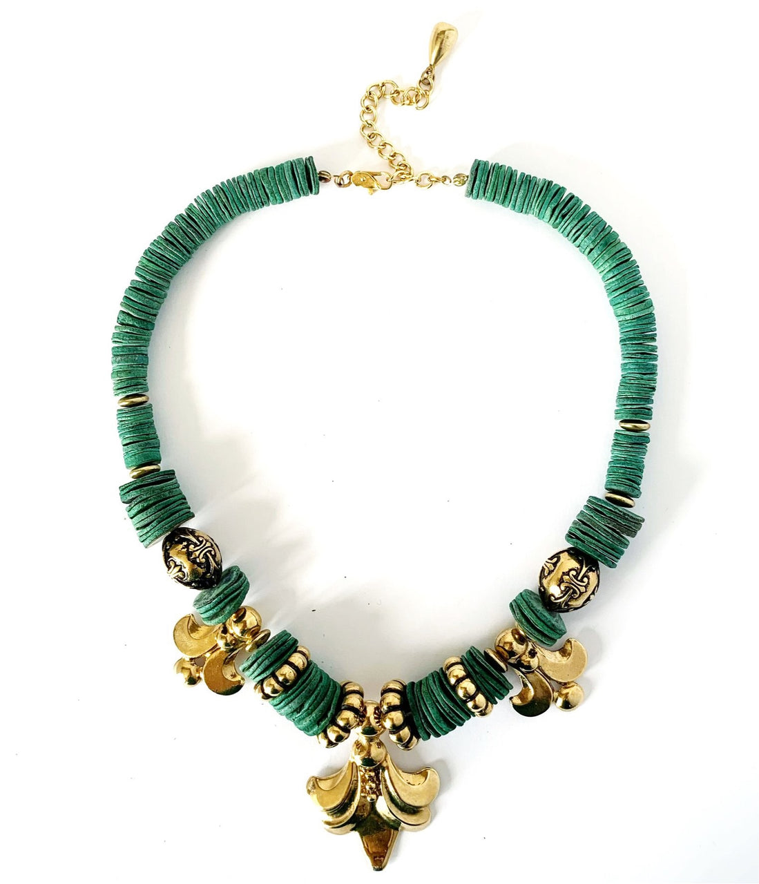 1990s Vintage Carol Dauplaise Fleur de Lis Necklace, Green, Gold Plate