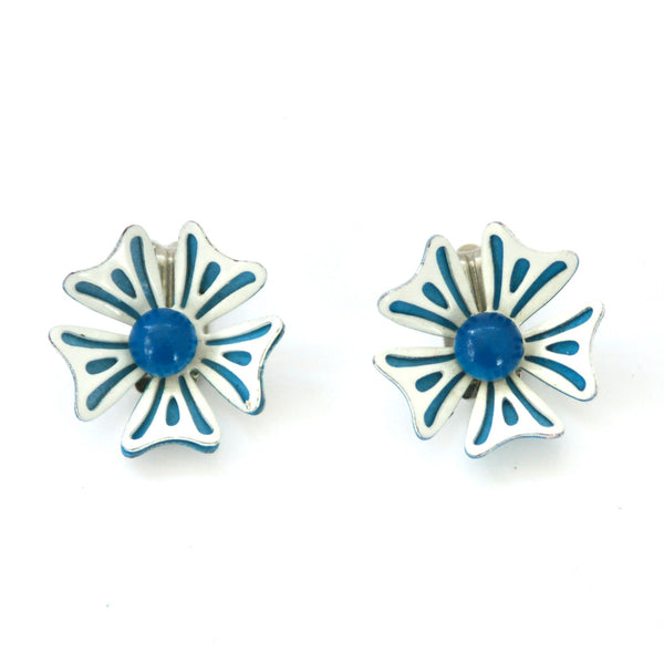 1960s Flower Clip On Earrings, Blue, White