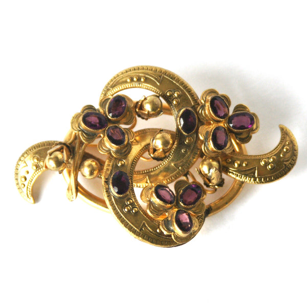 Vintage Victorian Revival Brooch, Brass, Purple